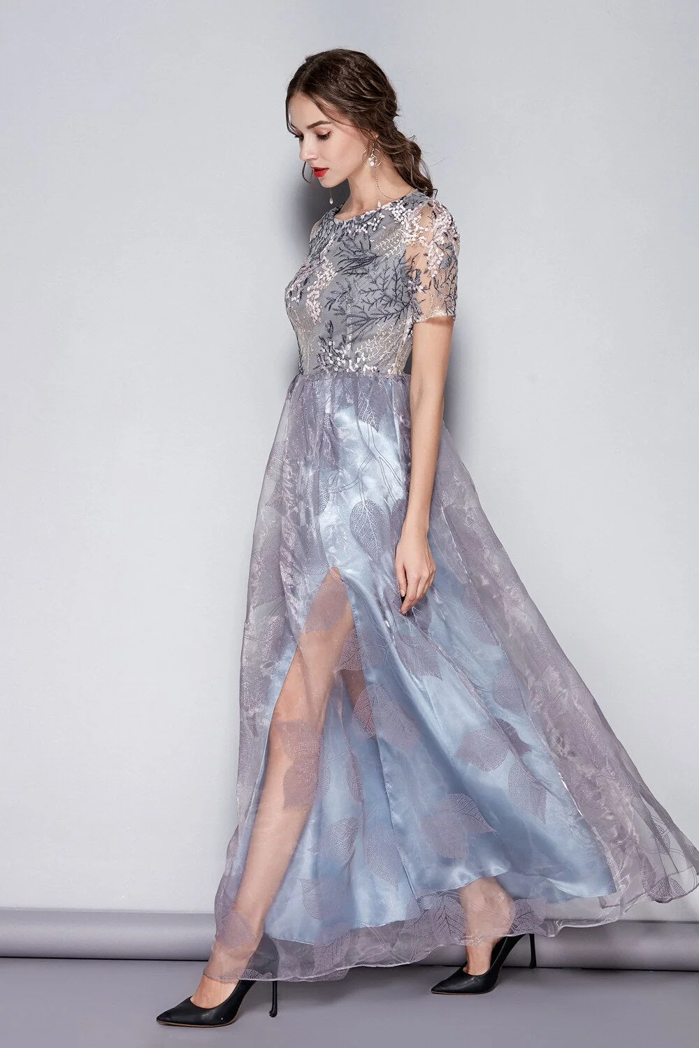 Women's O Neck Short Sleeves Embroidery Layered Elegant Party Dresses Prom Long Maxi Runway Dresses - Image 2