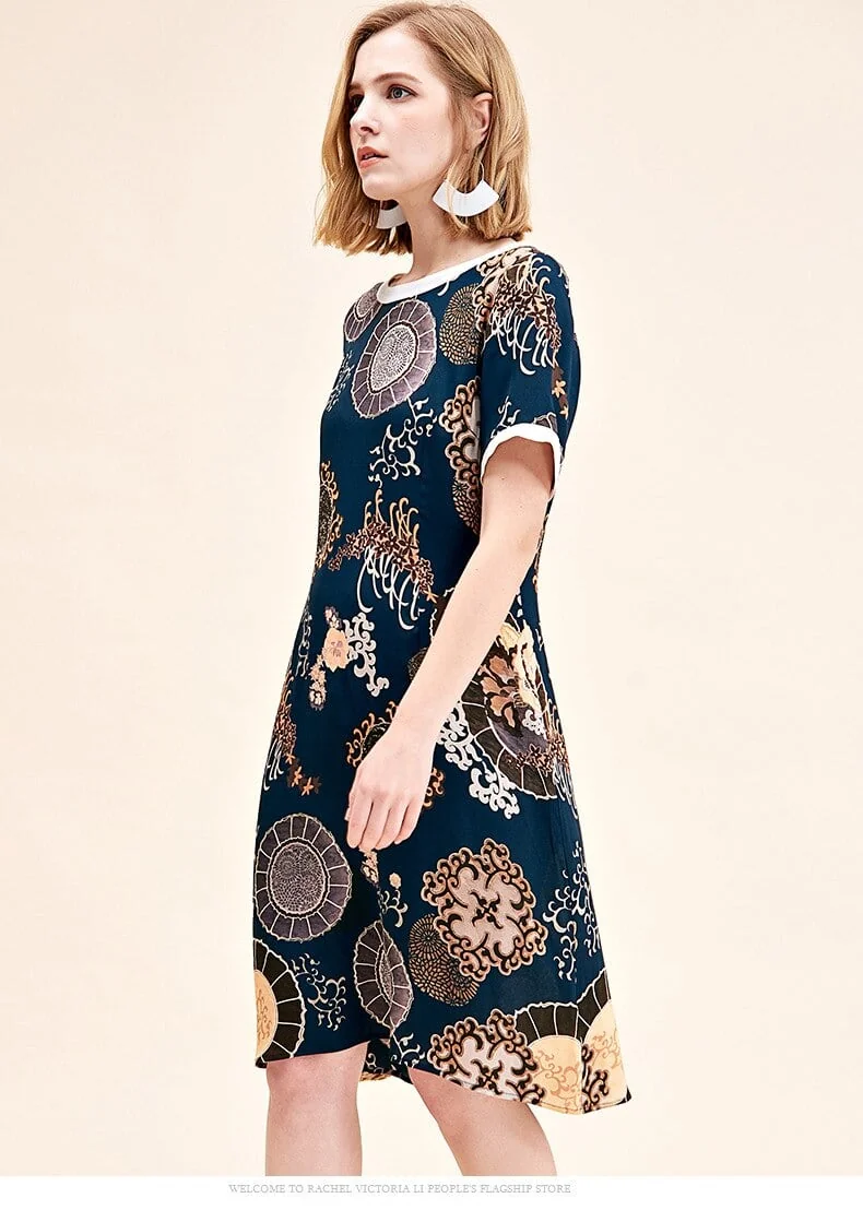 100% Natural Silk Women's Runway Dresses O Neck Short Sleeves Printed Elegant Casual Summer Dresses - Image 2