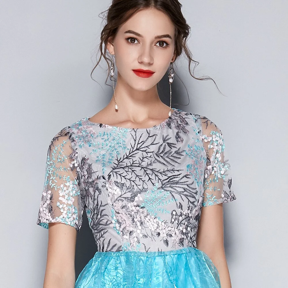 Women's O Neck Short Sleeves Embroidery Layered Elegant Party Dresses Prom Long Maxi Runway Dresses - Image 14