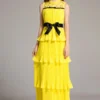 High Quality Women's O Neck Sleevesless Lace Patchwork Tiered Ruffles Sash Belt Prom Elegant Fashion Long Party Runway Dresses