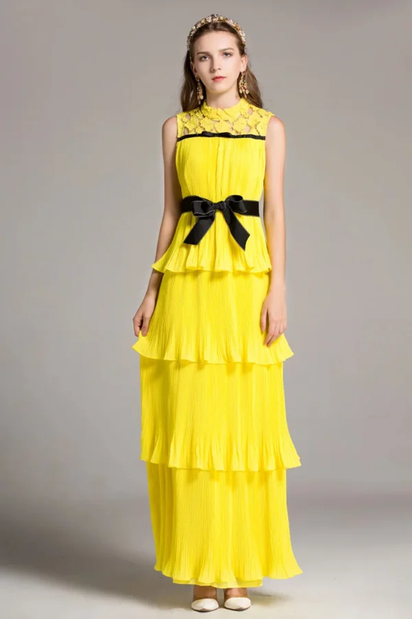 High Quality Women's O Neck Sleevesless Lace Patchwork Tiered Ruffles Sash Belt Prom Elegant Fashion Long Party Runway Dresses