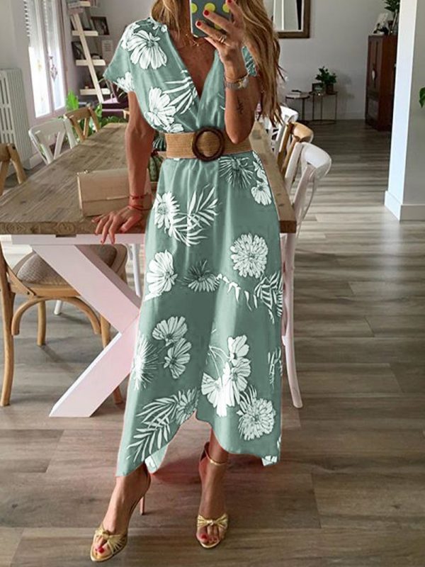 The Best Women V-neck Boho Floral Belted Maxi Dress Summer Ladies Casual Short Sleeve Party Beach Sundress Holiday Clothing Online - Takalr