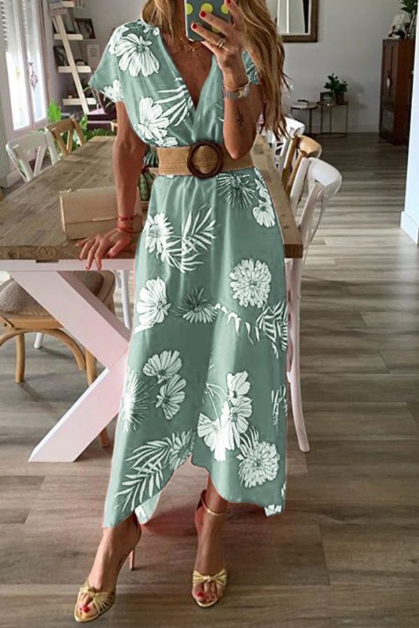 The Best Women V-neck Boho Floral Belted Maxi Dress Summer Ladies Casual Short Sleeve Party Beach Sundress Holiday Clothing Online - Takalr