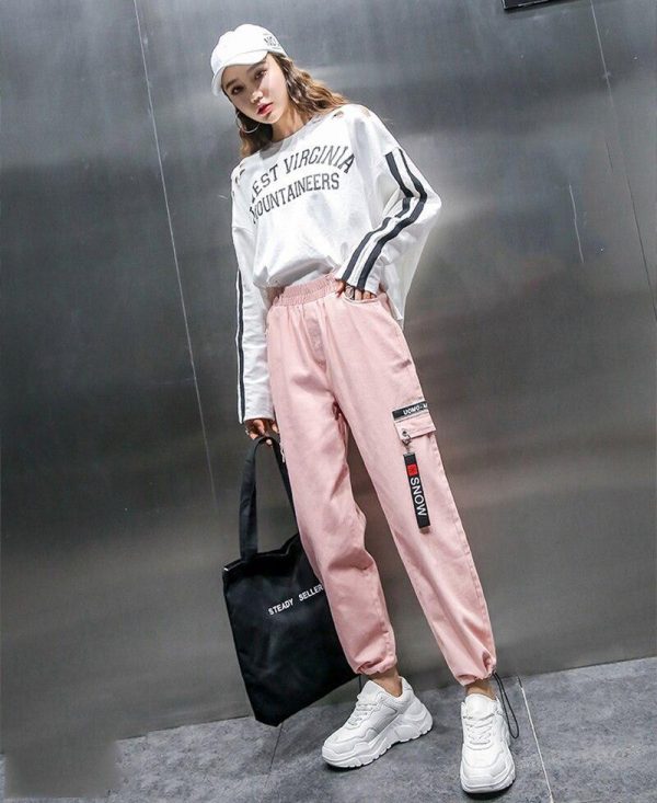 Spring Women Plus Size 2XL Hip Hop Pants  BF Harajuku Loose Cargo Pants Women Ribbon Big Pocket Casual Harem Pants - Takalr