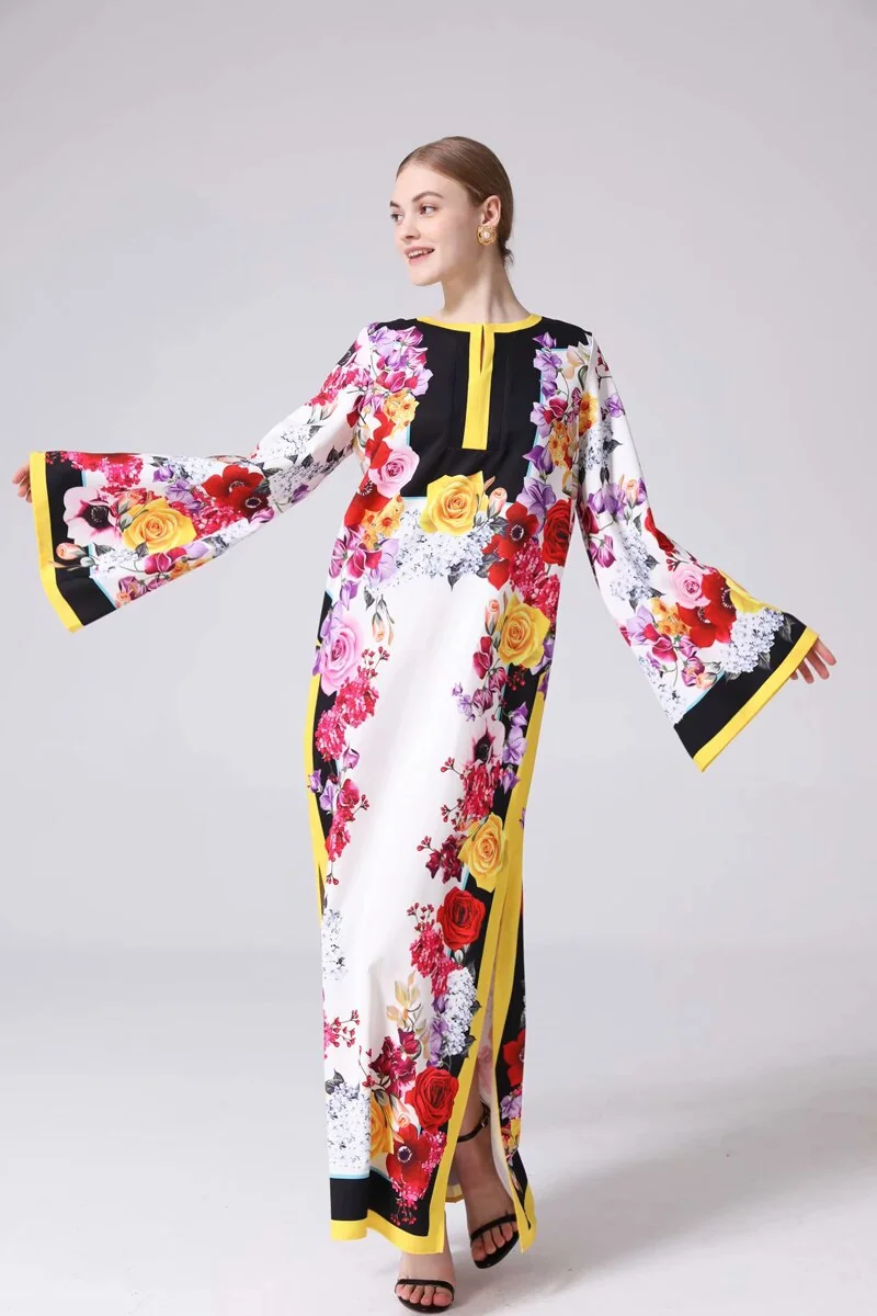 Women's Runway Dresses O Neck Long Sleeves Loose Design Side Split Flora Printed Fashion Casual Maxi Dresses - Image 2