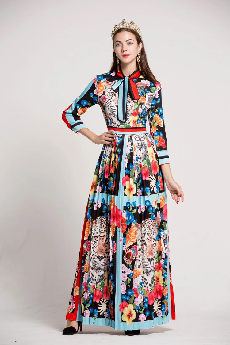 Women's O Neck Long Sleeves Bow Detailing Fixed Pattern Floral Printed Striped Pleated Elegant Maxi Runway Dresses
