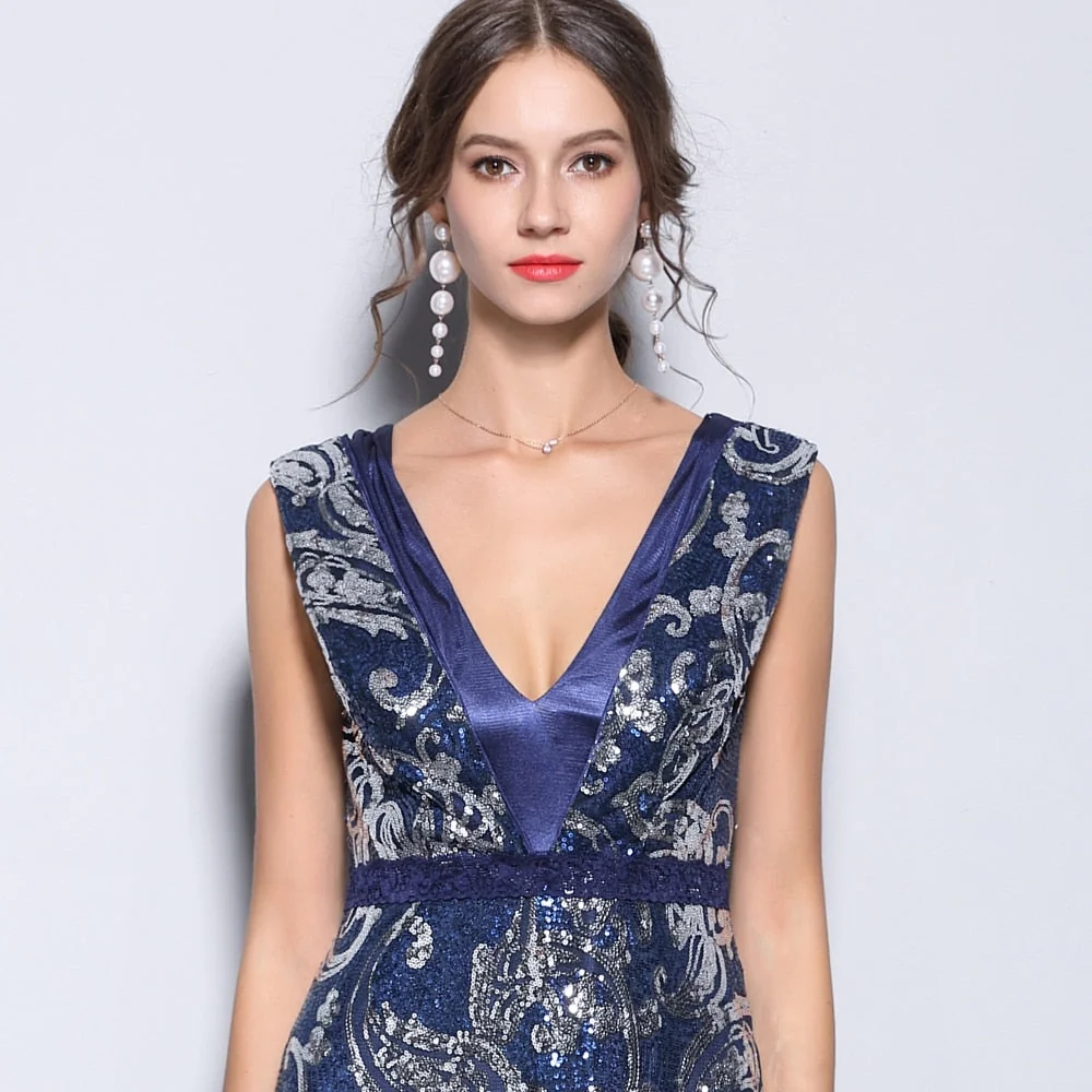 Women's Party Prom Sexy V Neck Sleeveless Embroidery Sequined Elegant Formal Long Runway Dresses - Image 7