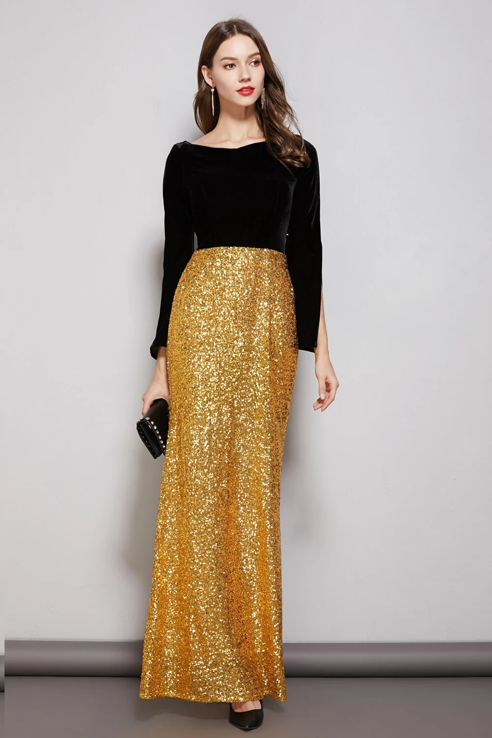 Women's Party Prom Slash Neckline Long Sleeves Velvet Bodice Patchwork Sequined Elegant Floor Length Dresses