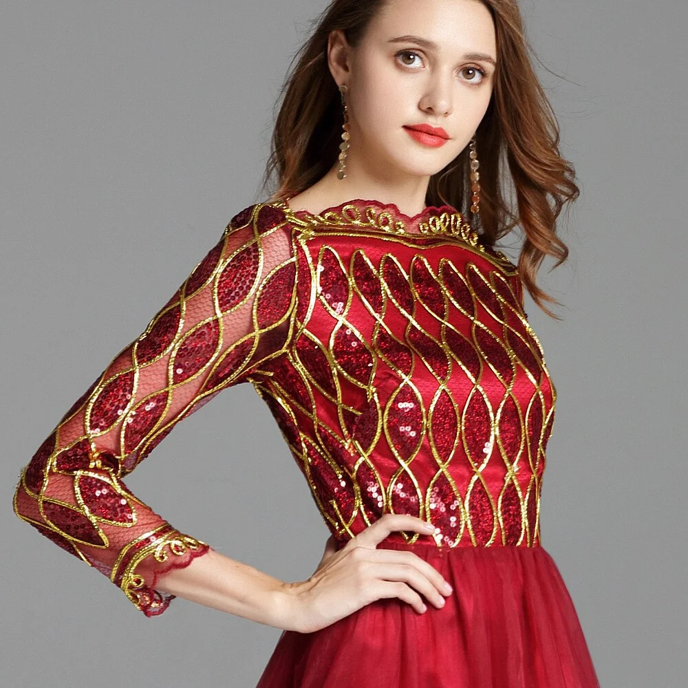 Women's Elegant Runway Dresses Autumn Slash Neckline Embroidery Party Prom Long Sleeves Sequined Fashion Maxi Dresses - Image 7