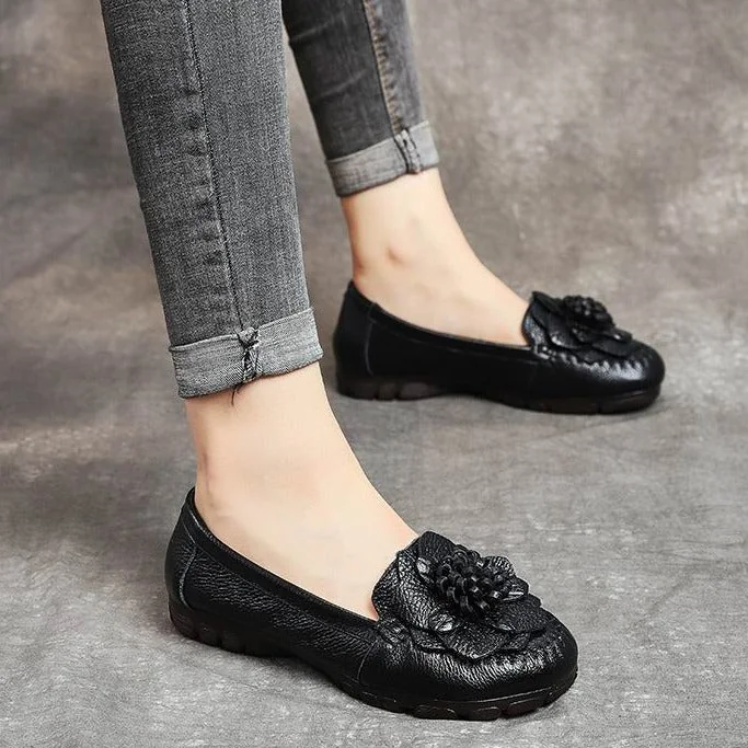Loafers Genuine Leather Women Flowers Flats Shoes Soft Comfortable - Image 7