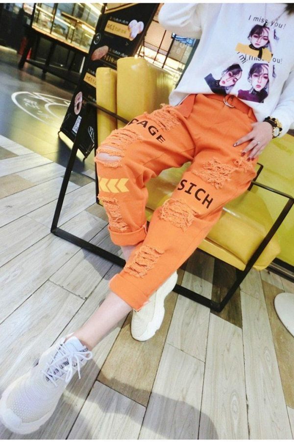 Letter Spliced Women Jeans Holes Pants Loose Candy Color Denim women's pants Autumn Harajuku BF Female Joggers - Takalr