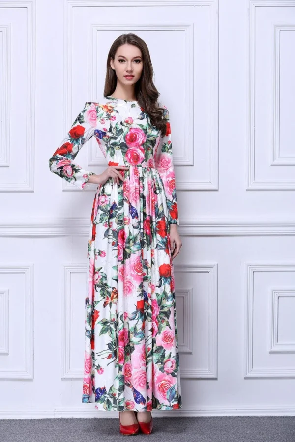 New Arrival Women's O Neck Long Sleeves Roses Printed Ruched Waist Elegant Long Runway Dresses