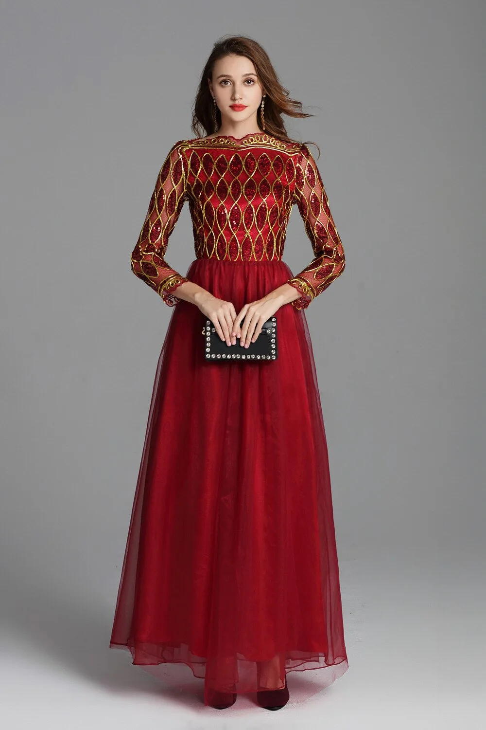 Women's Elegant Runway Dresses Autumn Slash Neckline Embroidery Party Prom Long Sleeves Sequined Fashion Maxi Dresses