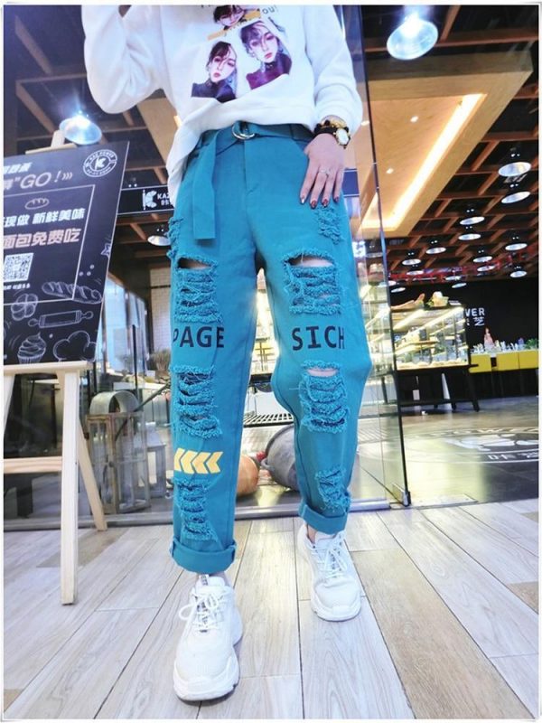 Letter Spliced Women Jeans Holes Pants Loose Candy Color Denim women's pants Autumn Harajuku BF Female Joggers - Takalr