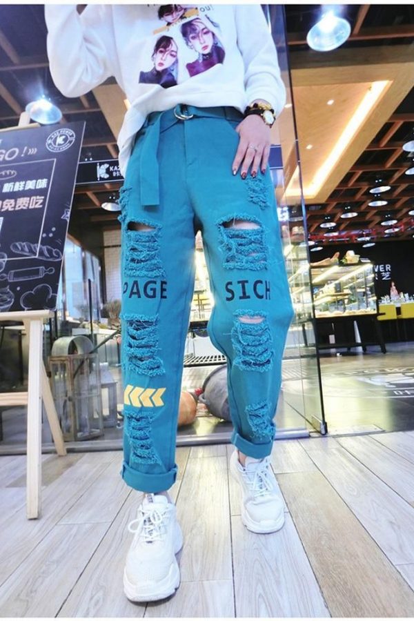 Letter Spliced Women Jeans Holes Pants Loose Candy Color Denim women's pants Autumn Harajuku BF Female Joggers - Takalr