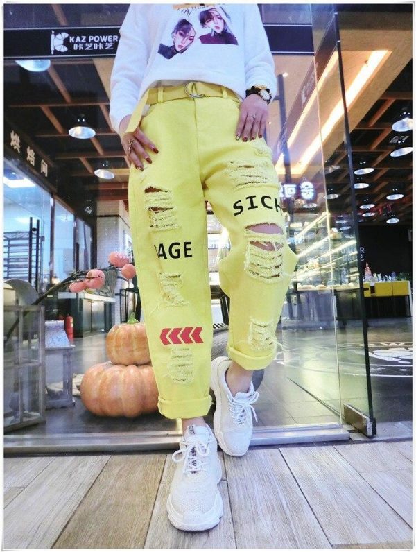 Letter Spliced Women Jeans Holes Pants Loose Candy Color Denim women's pants Autumn Harajuku BF Female Joggers - Takalr