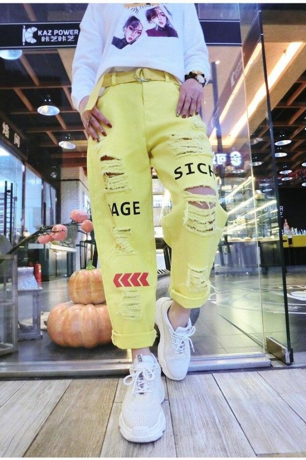 Letter Spliced Women Jeans Holes Pants Loose Candy Color Denim women's pants Autumn Harajuku BF Female Joggers - Takalr