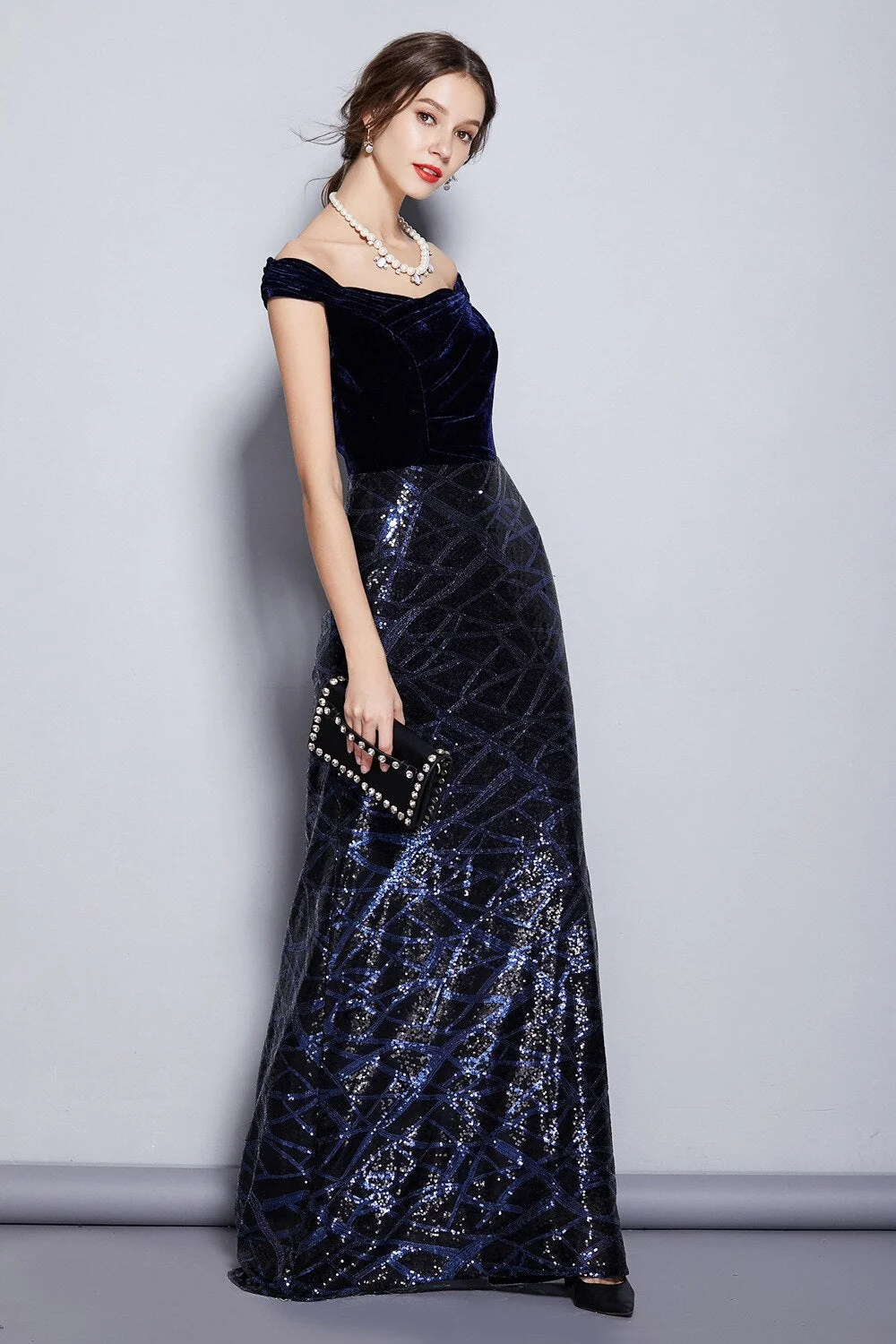 Women's Runway Designer Dresses Slash Neckline Cap Sleeves Velour Bodice Patchwork Sequined Elegant Long Party Dresses - Image 2