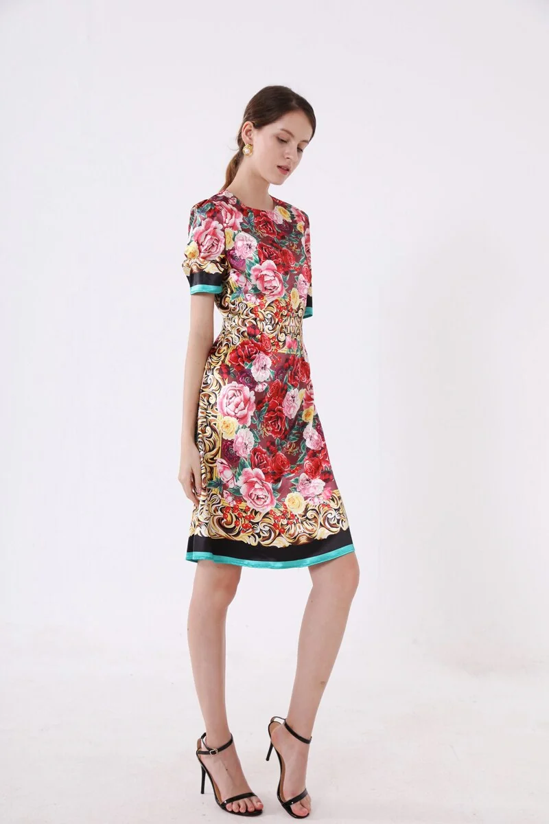 Women's Runway Dresses O Neck Short Sleeves Floral Printed Fashion Casual Pencil Summer Dresses - Image 2
