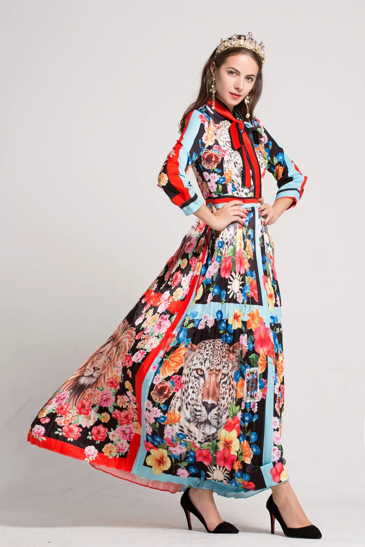 Women's O Neck Long Sleeves Bow Detailing Fixed Pattern Floral Printed Striped Pleated Elegant Maxi Runway Dresses - Image 3