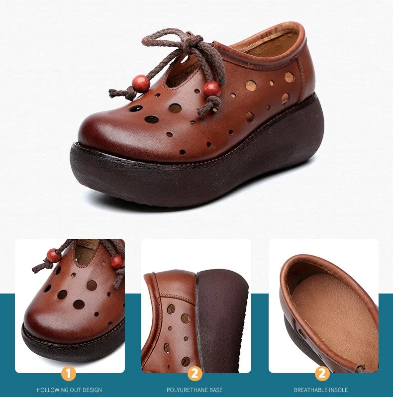 Handmade Vintage Summer Shoes Women Flat Platform Shoes Genuine Leather Breathable Slip on Ladies Platform Shoes - Image 5