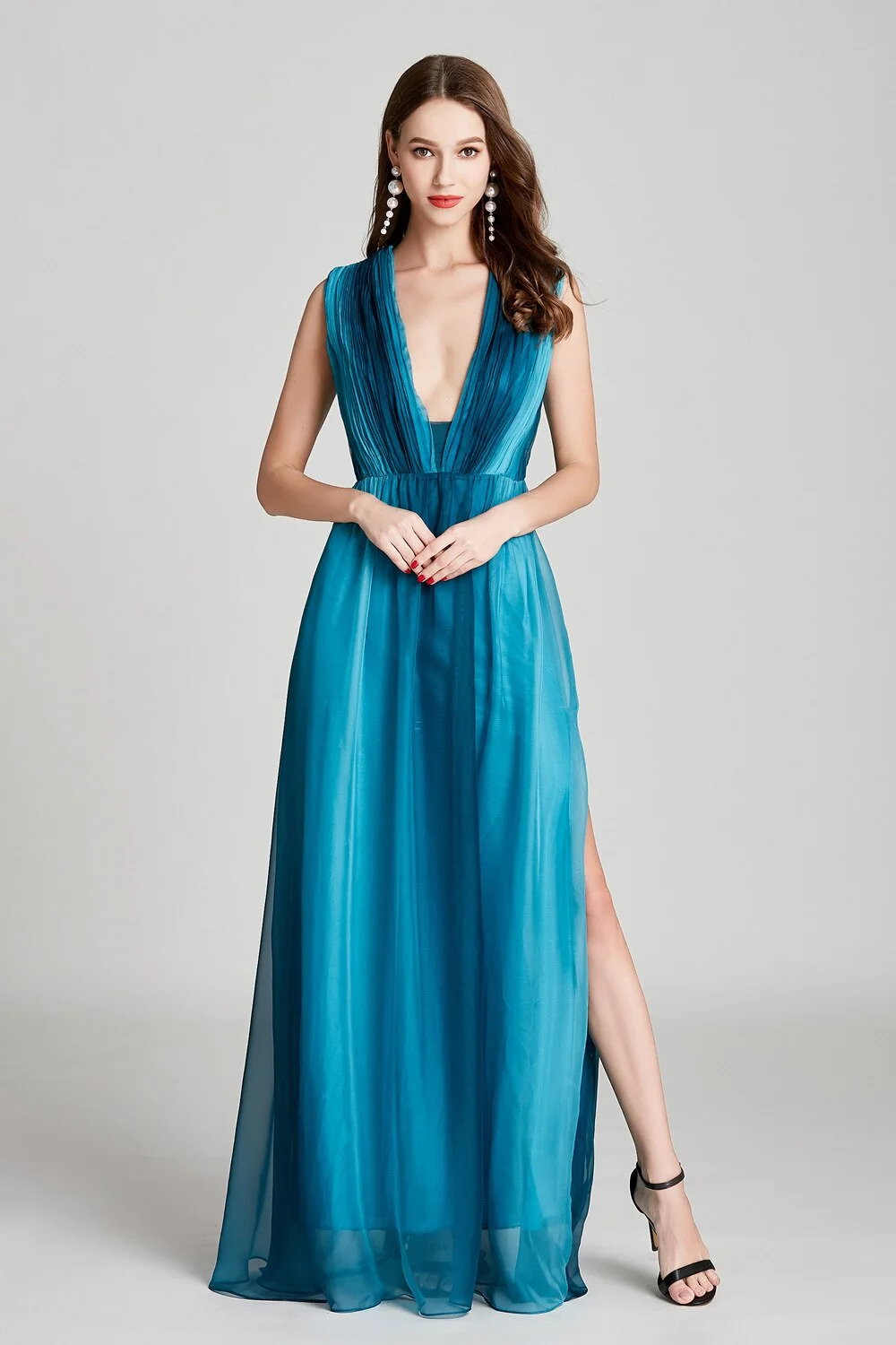 Sexy Low V Back Sleeveless Faded Color Ruched Fashion Floor Length Prom Dresses Party Foral Dressses - Image 4