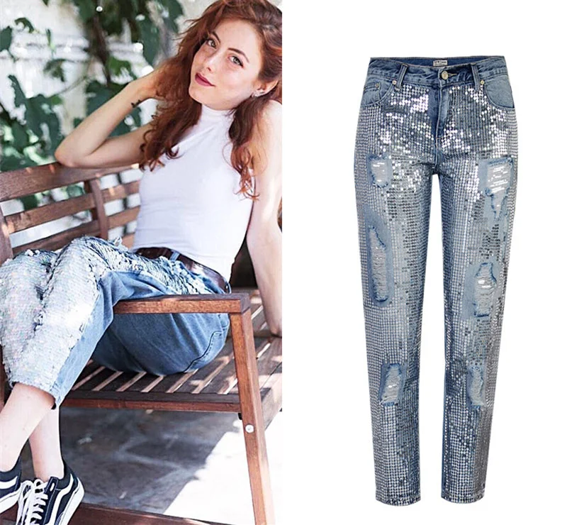 Ripped Jeans for Women Vintage Straight Jeans Woman Denim Pants Light Blue