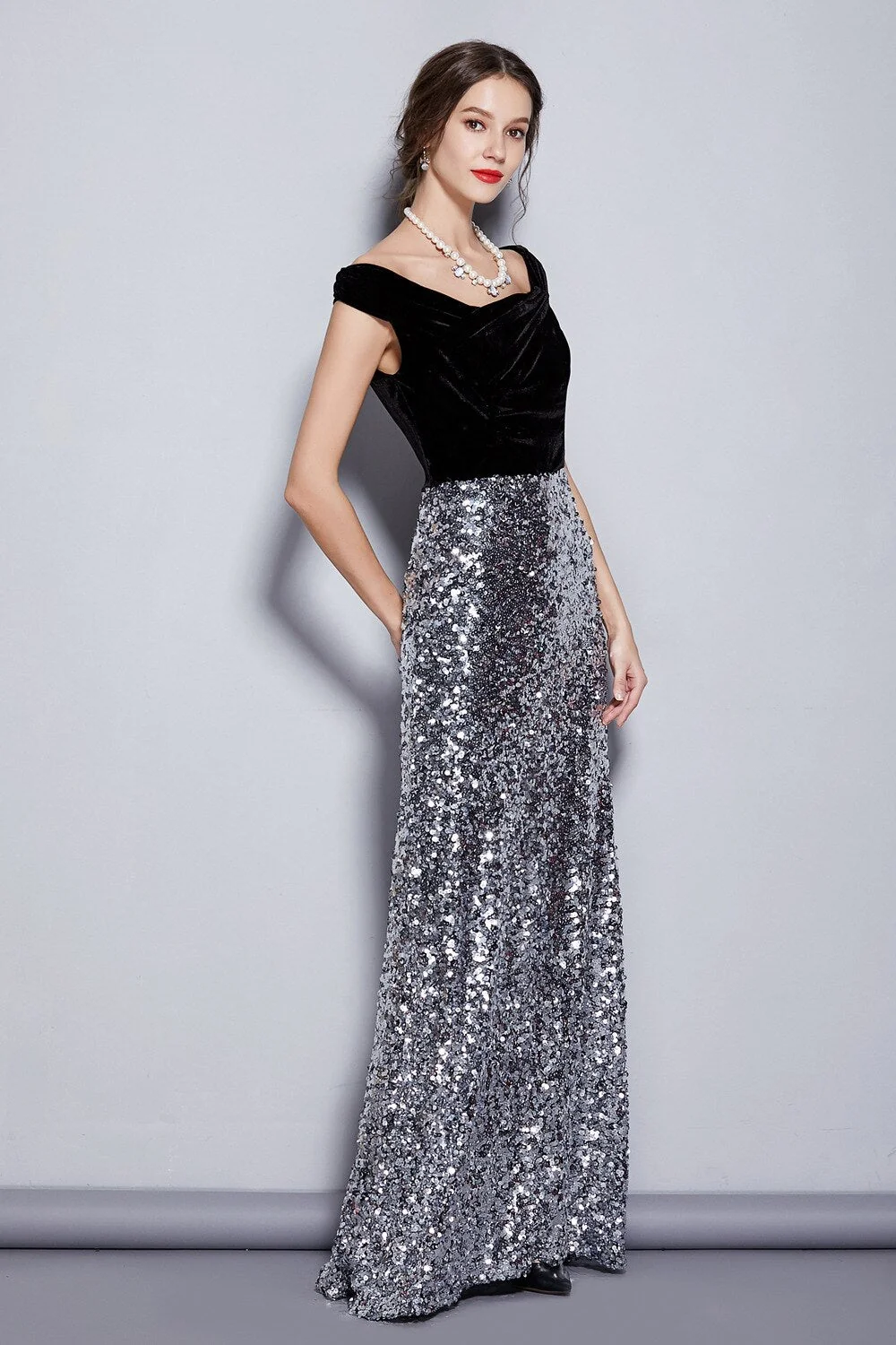 Women's Runway Designer Dresses Slash Neckline Cap Sleeves Velvet Bodice Patchwork Sequined Elegant Long Party Dresses - Image 5