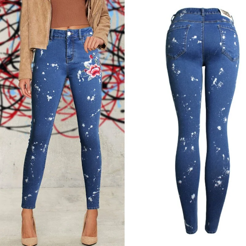 Skinny Embroidery Jeans Woman Pencil Denim Pants Ladies Casual Jeans - Image 3