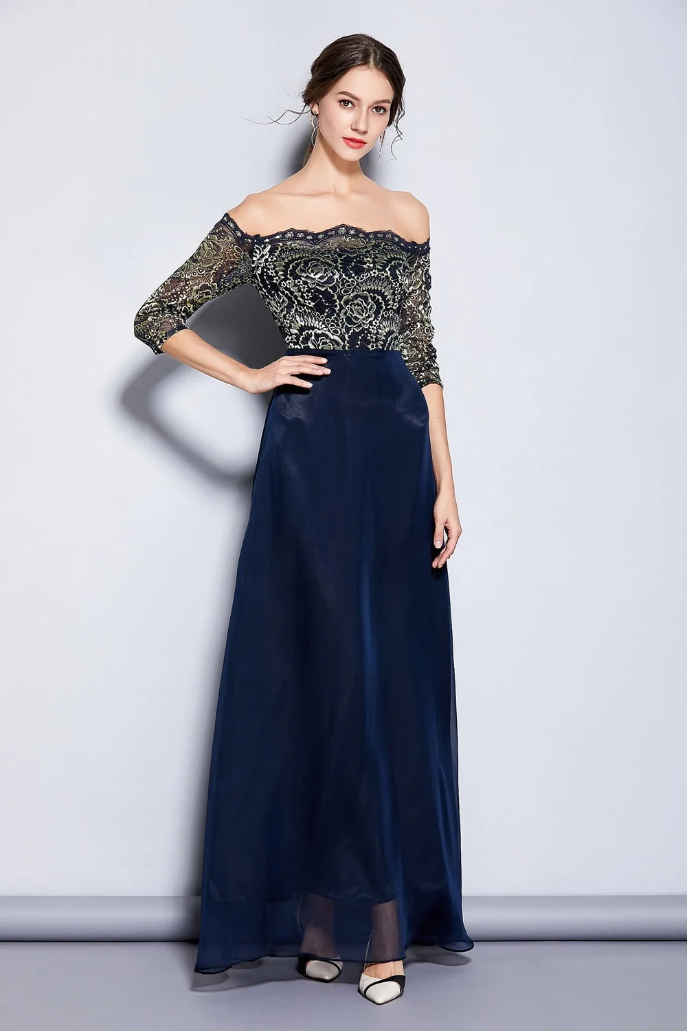 Women's Party Prom Sexy Off the Shoulder Slash Neckline Embroidery Lace Elegant Long Runway Dresses - Image 3
