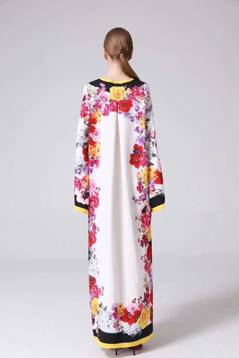 Women's Runway Dresses O Neck Long Sleeves Loose Design Side Split Flora Printed Fashion Casual Maxi Dresses - Image 7