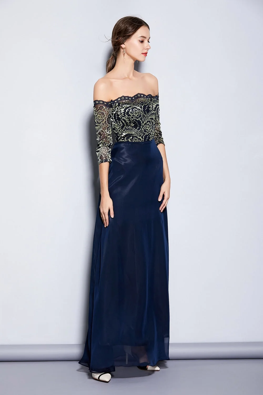 Women's Party Prom Sexy Off the Shoulder Slash Neckline Embroidery Lace Elegant Long Runway Dresses - Image 5