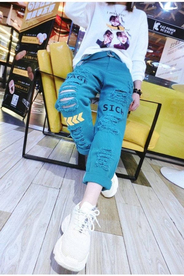 Letter Spliced Women Jeans Holes Pants Loose Candy Color Denim women's pants Autumn Harajuku BF Female Joggers - Takalr