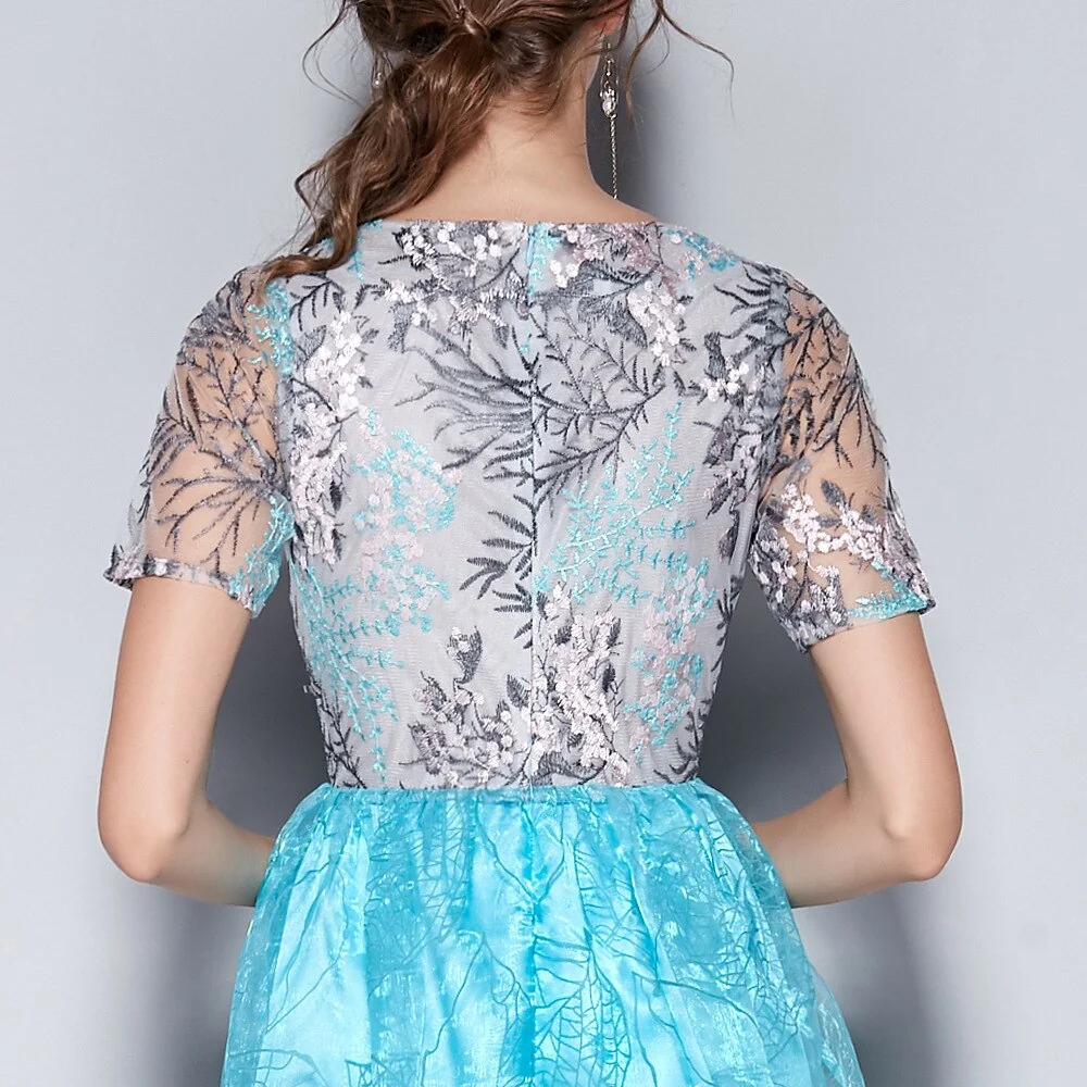 Women's O Neck Short Sleeves Embroidery Layered Elegant Party Dresses Prom Long Maxi Runway Dresses - Image 12