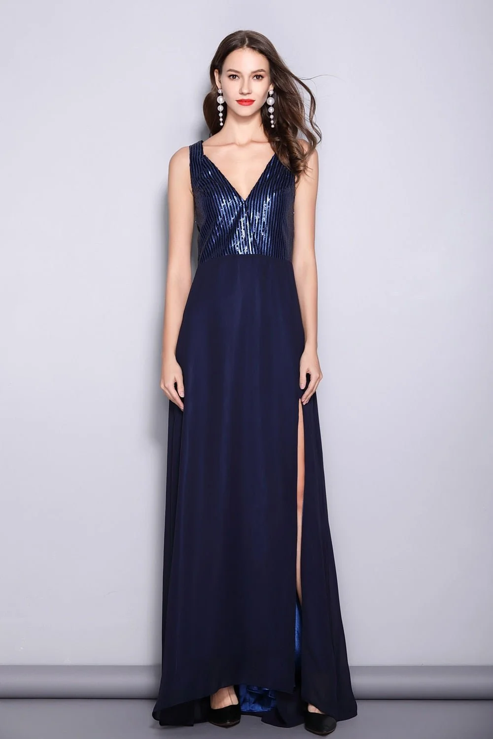Women's Runway Dresses Sexy V Neck Sleeveless Sequined Bodice Split Party Prom Fashion Long Dresses - Image 2