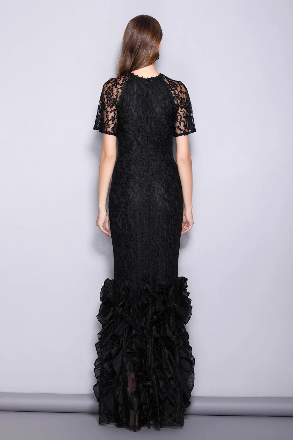 Women's Runway Designer Dresses O Neck Short Sleeves Embroidery Lace Prom Ruffles Mermaid Black Long Party Dresses - Image 5