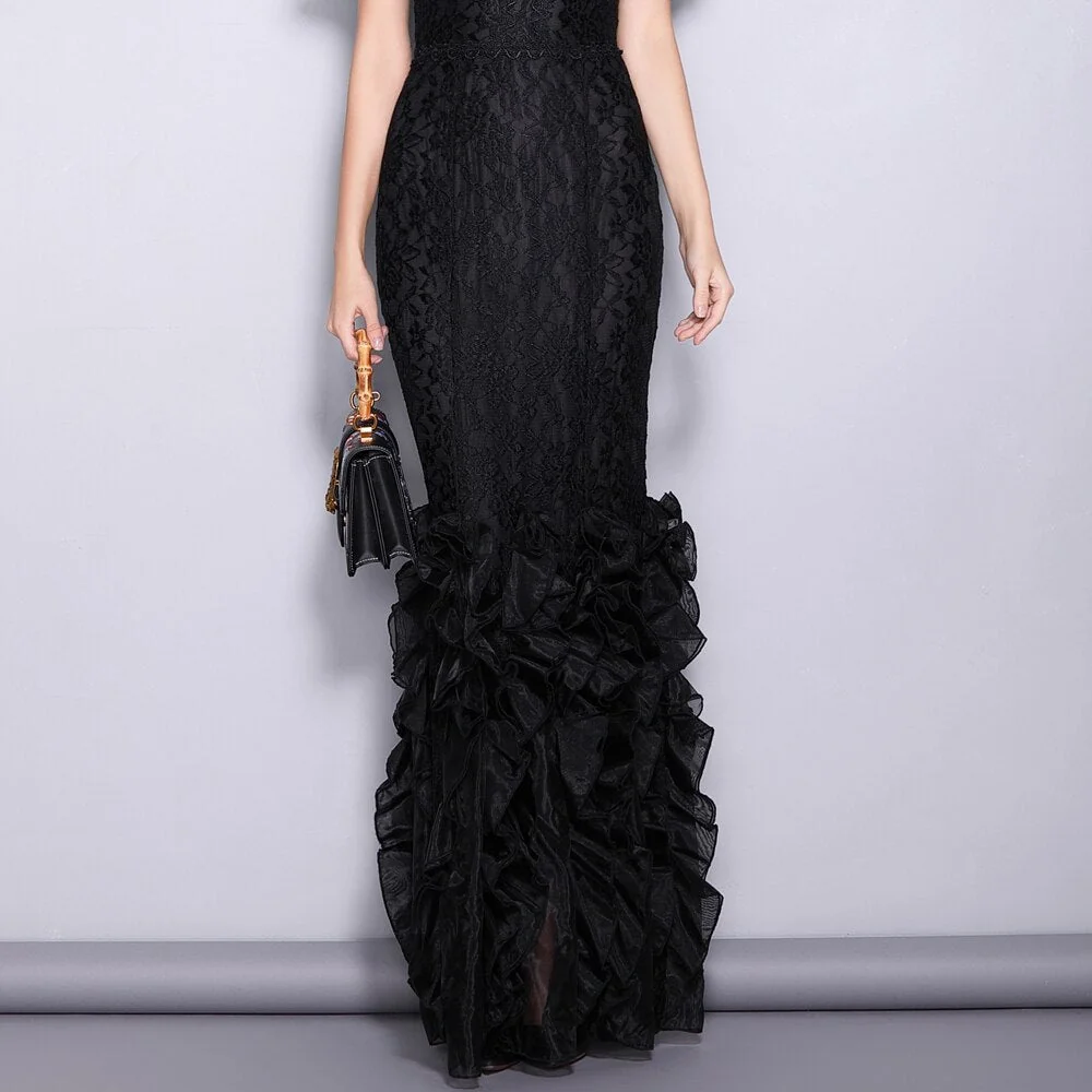 Women's Runway Designer Dresses O Neck Short Sleeves Embroidery Lace Prom Ruffles Mermaid Black Long Party Dresses - Image 10