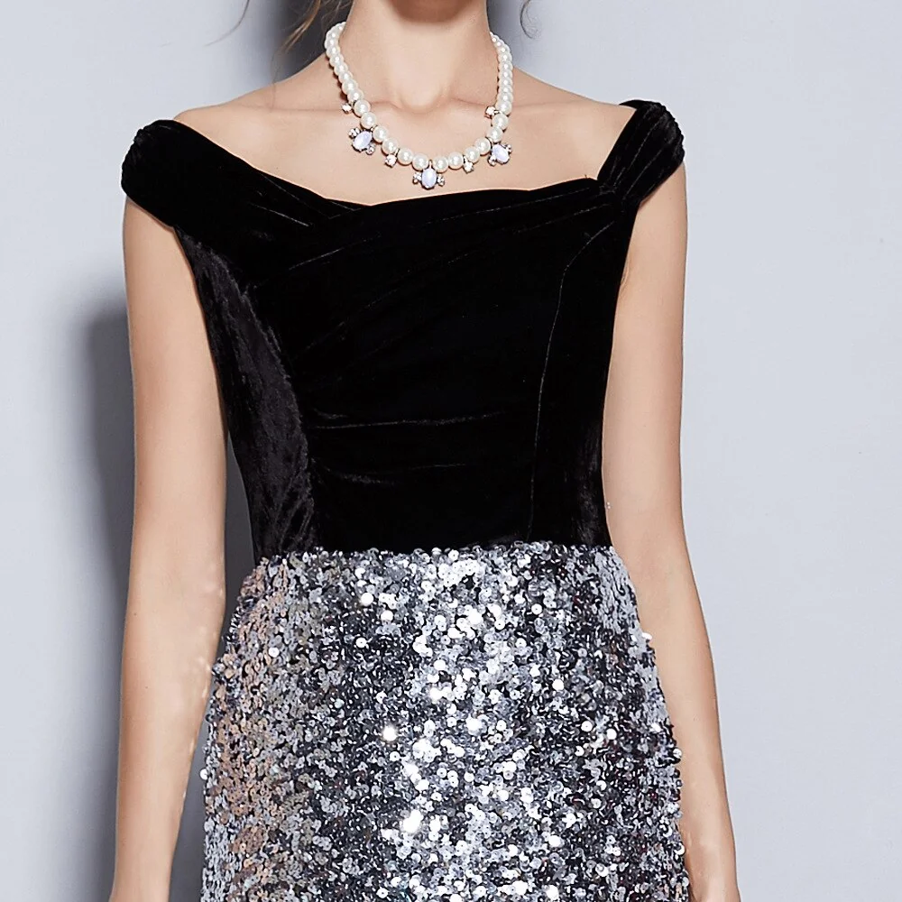 Women's Runway Designer Dresses Slash Neckline Cap Sleeves Velvet Bodice Patchwork Sequined Elegant Long Party Dresses - Image 7