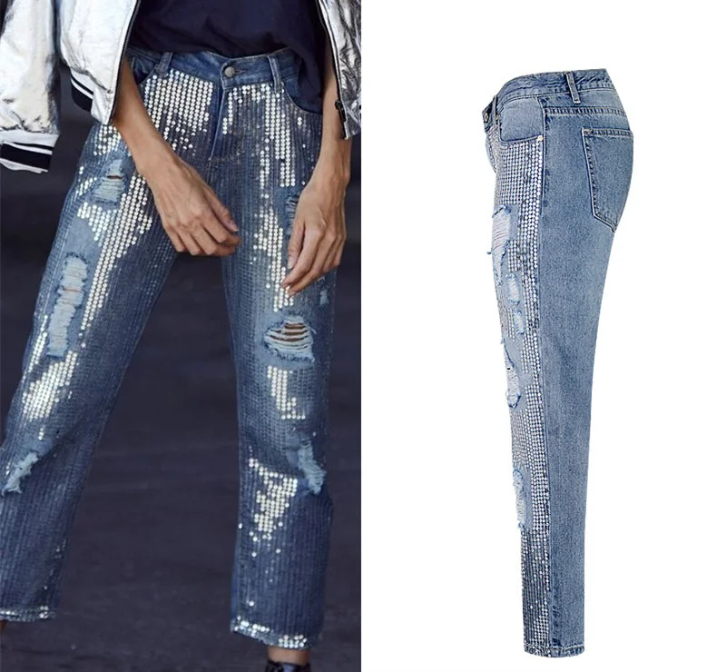 Ripped Jeans for Women Vintage Straight Jeans Woman Denim Pants Light Blue - Image 2