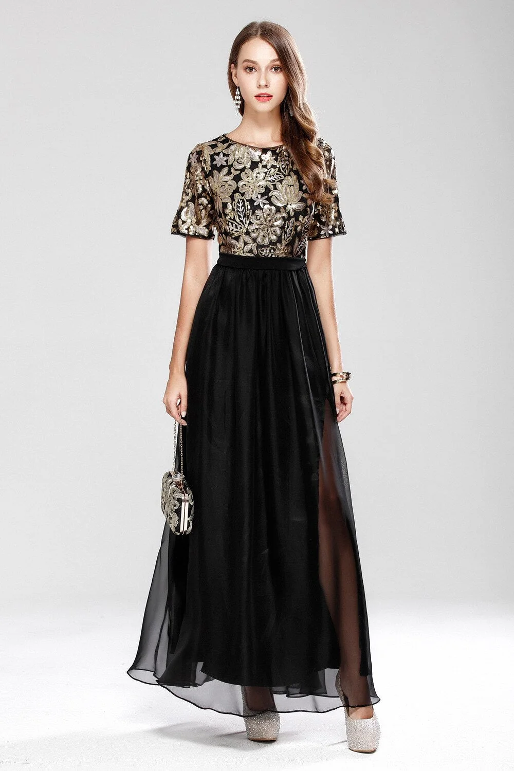 Women's O Neck Short Sleeves Sequined Patchwork Fashion Long Party Prom Elegant Maxi Dresses - Image 4