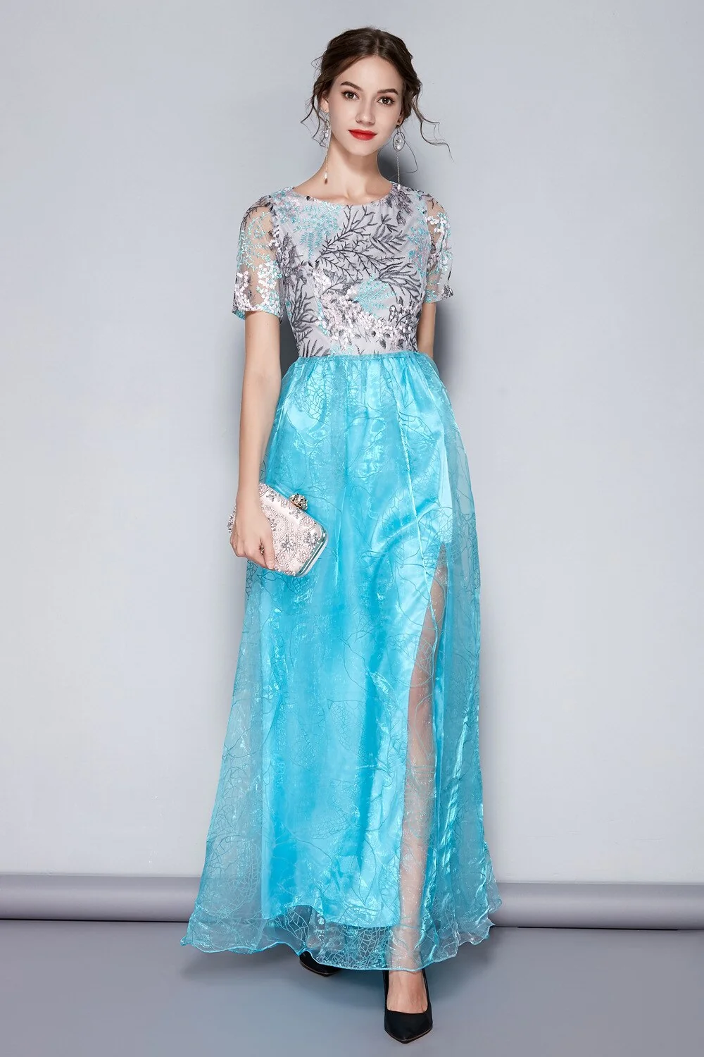 Women's O Neck Short Sleeves Embroidery Layered Elegant Party Dresses Prom Long Maxi Runway Dresses - Image 8