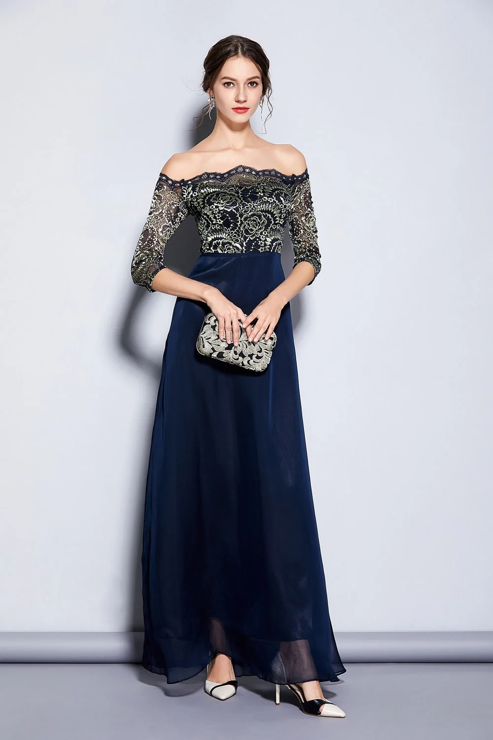 Women's Party Prom Sexy Off the Shoulder Slash Neckline Embroidery Lace Elegant Long Runway Dresses - Image 2
