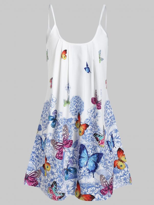 Butterfly Flower Print Camis Tunic Dress Boho Style Aline Women Mini Dress Summer Sleeveless Beach Dress 3XL
