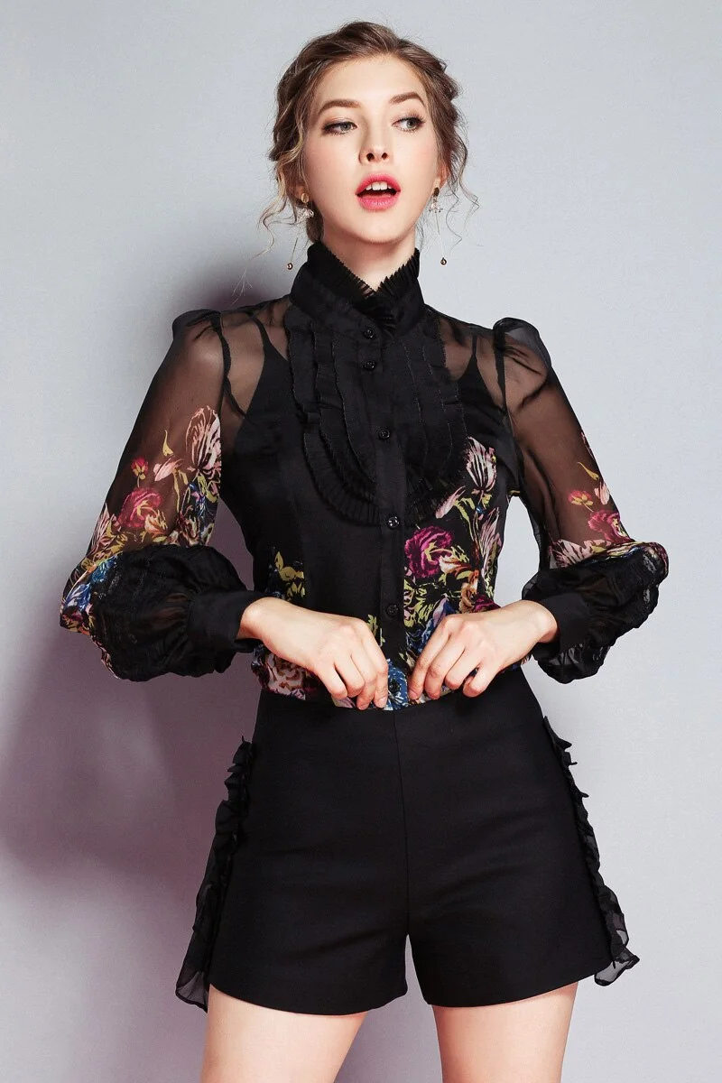 Milan Arrival Spring Women's Ruffles Floral Printed Long Sleeves Elegant Fashion Designer Silk Shirts&Blouses - Image 5