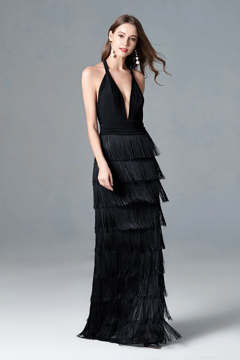 Women's Sexy Deep V Neck Sleeveless Ruched Waist Tiered Tassels Fashion Long Party Dresses Elegant Runway Prom Dress - Image 2