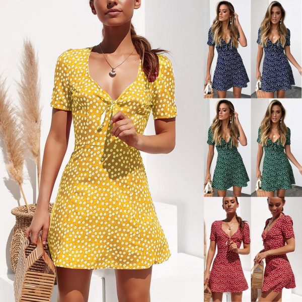 Summer Short Sleeve Floral Boho Dress Party Evening Beach V neck Dress - Takalr