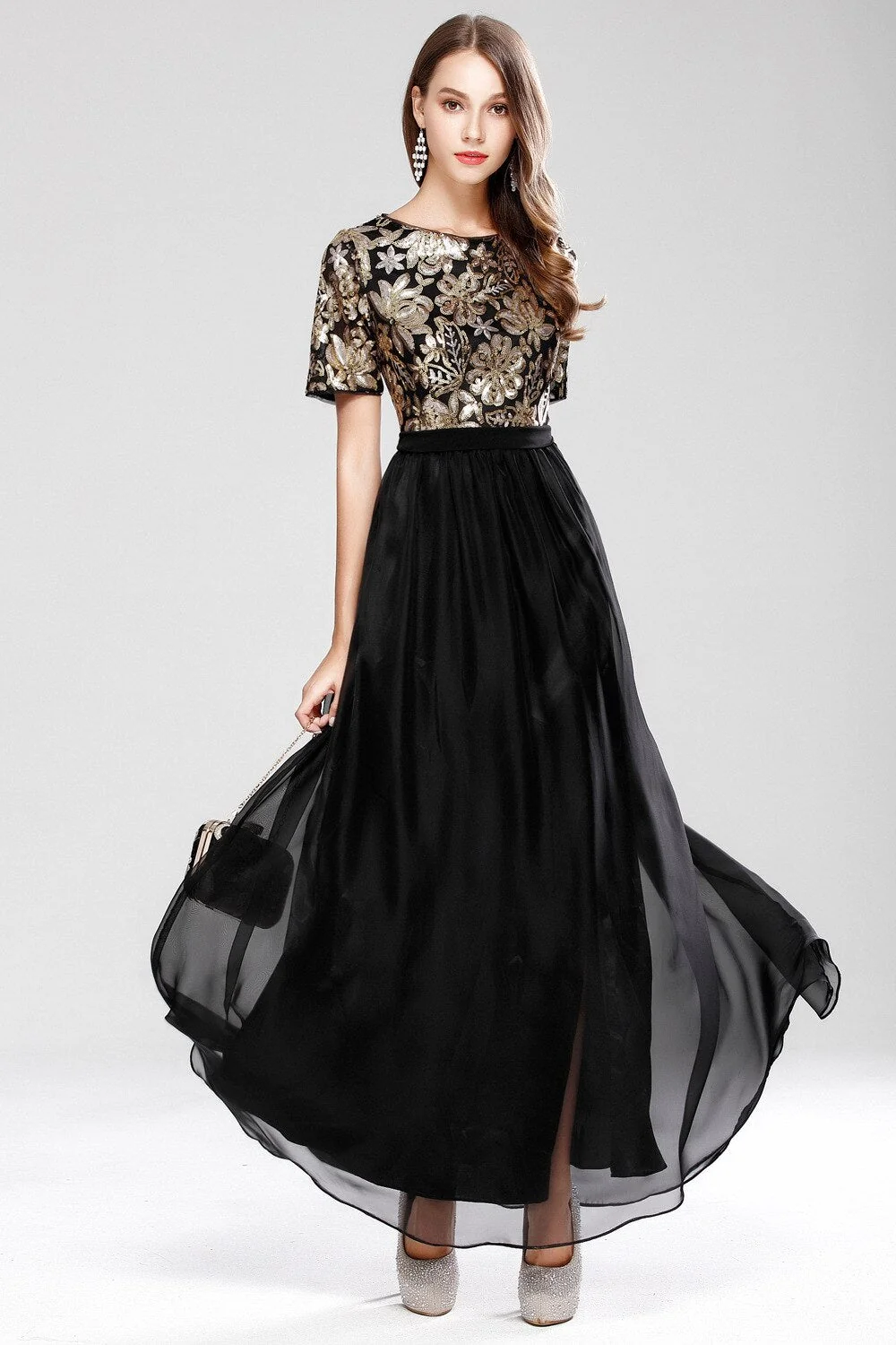 Women's O Neck Short Sleeves Sequined Patchwork Fashion Long Party Prom Elegant Maxi Dresses - Image 5