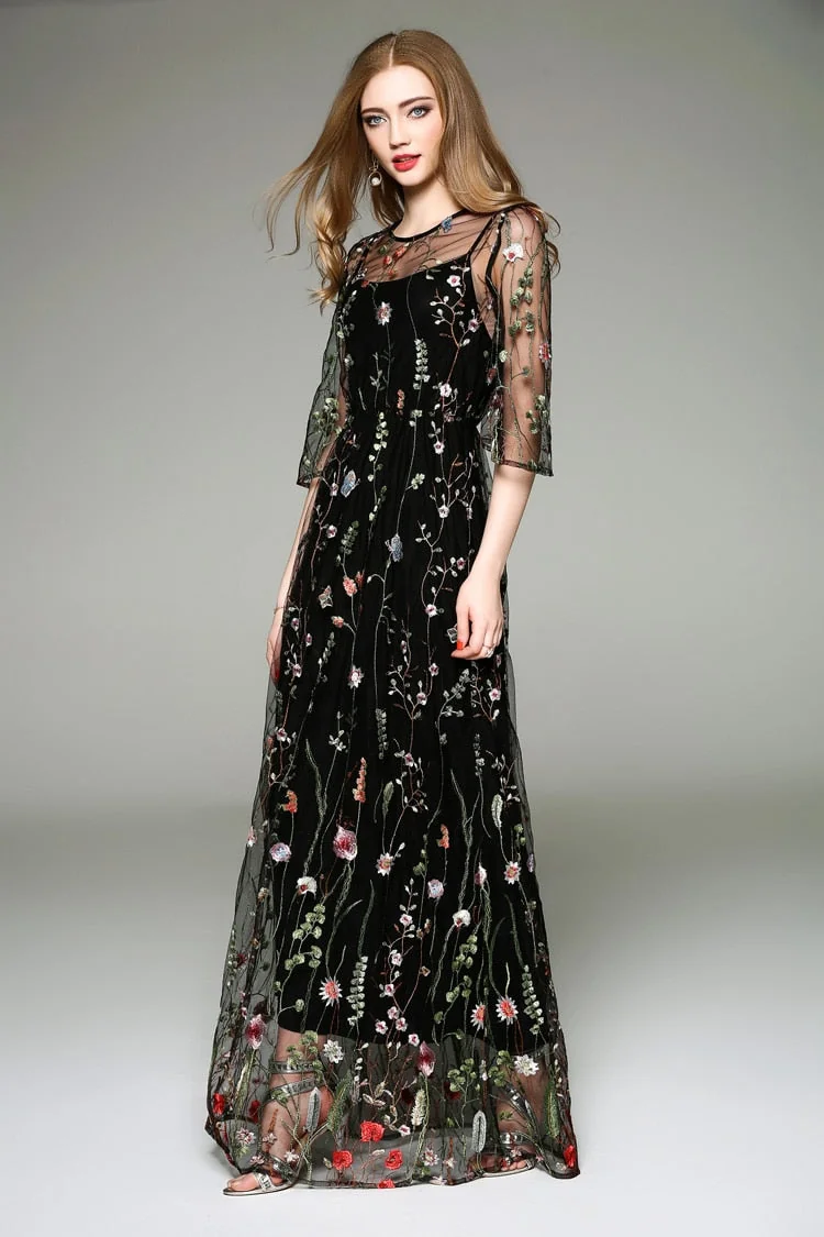 Spring Summer Women's O Neck Long Sleeves Embroidery High Street Runway Maxi Fashion Long Dresses - Image 6