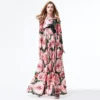Women's O Neck Long Sleeves Ruched Waist Roses Printed Elegant Maxi Floral Runway Dresses