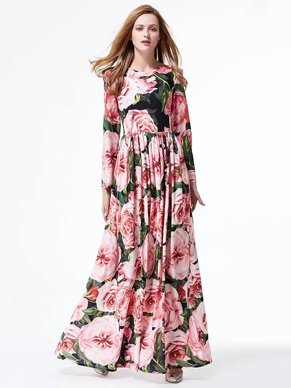 Women's O Neck Long Sleeves Ruched Waist Roses Printed Elegant Maxi Floral Runway Dresses
